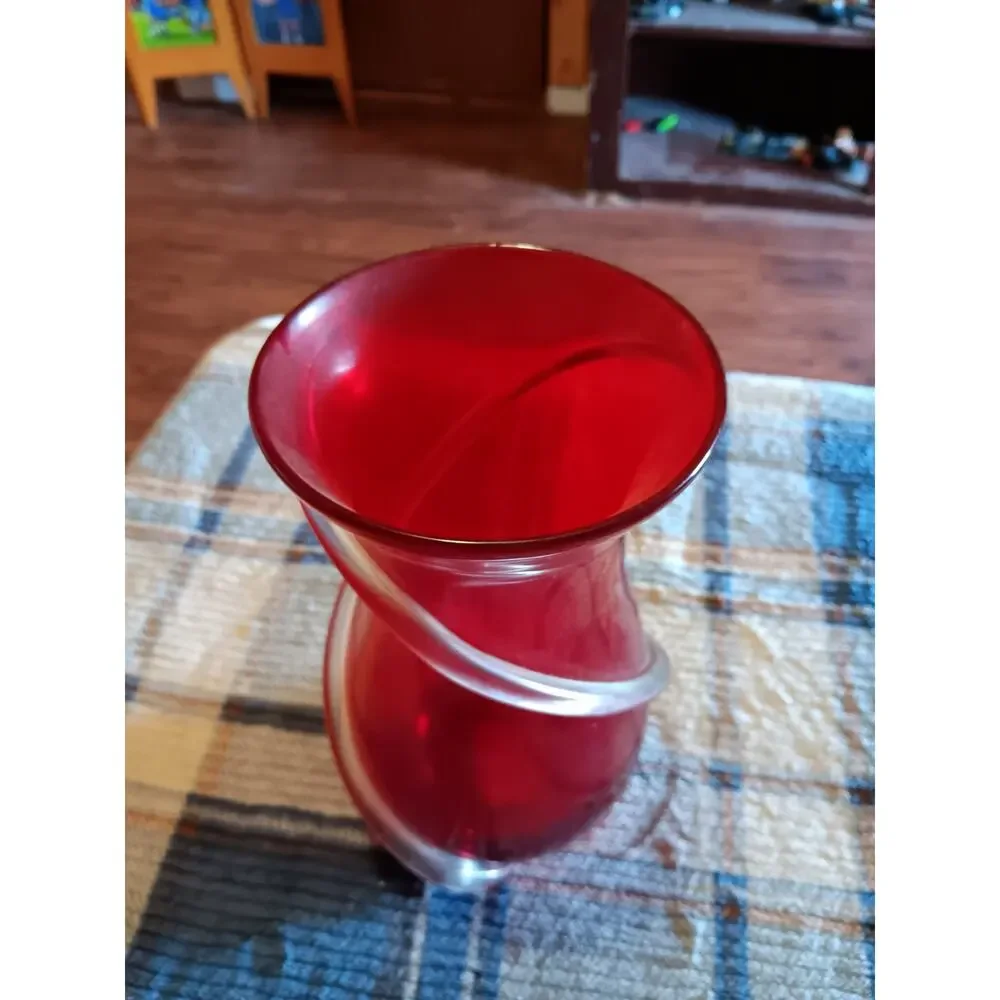 vintage ruby red glass vase applied clear swirl Handblown 91/2”